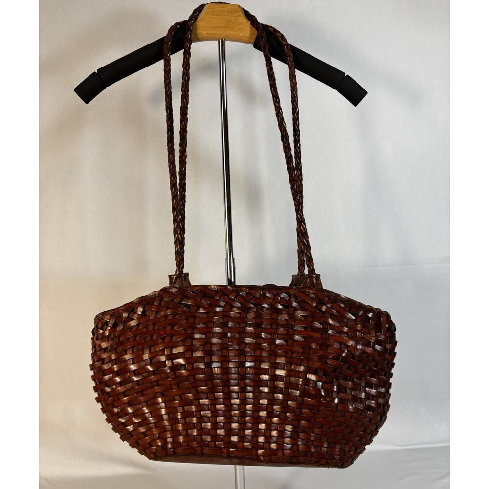 VTG Y2K Italy Woven Leather Tote Bag Cognac Brown Braided Intrecciato Style - Picture 7 of 16